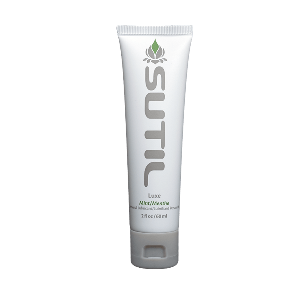 Sutil Mint water-based lubricant in a white tube with a grey cap.