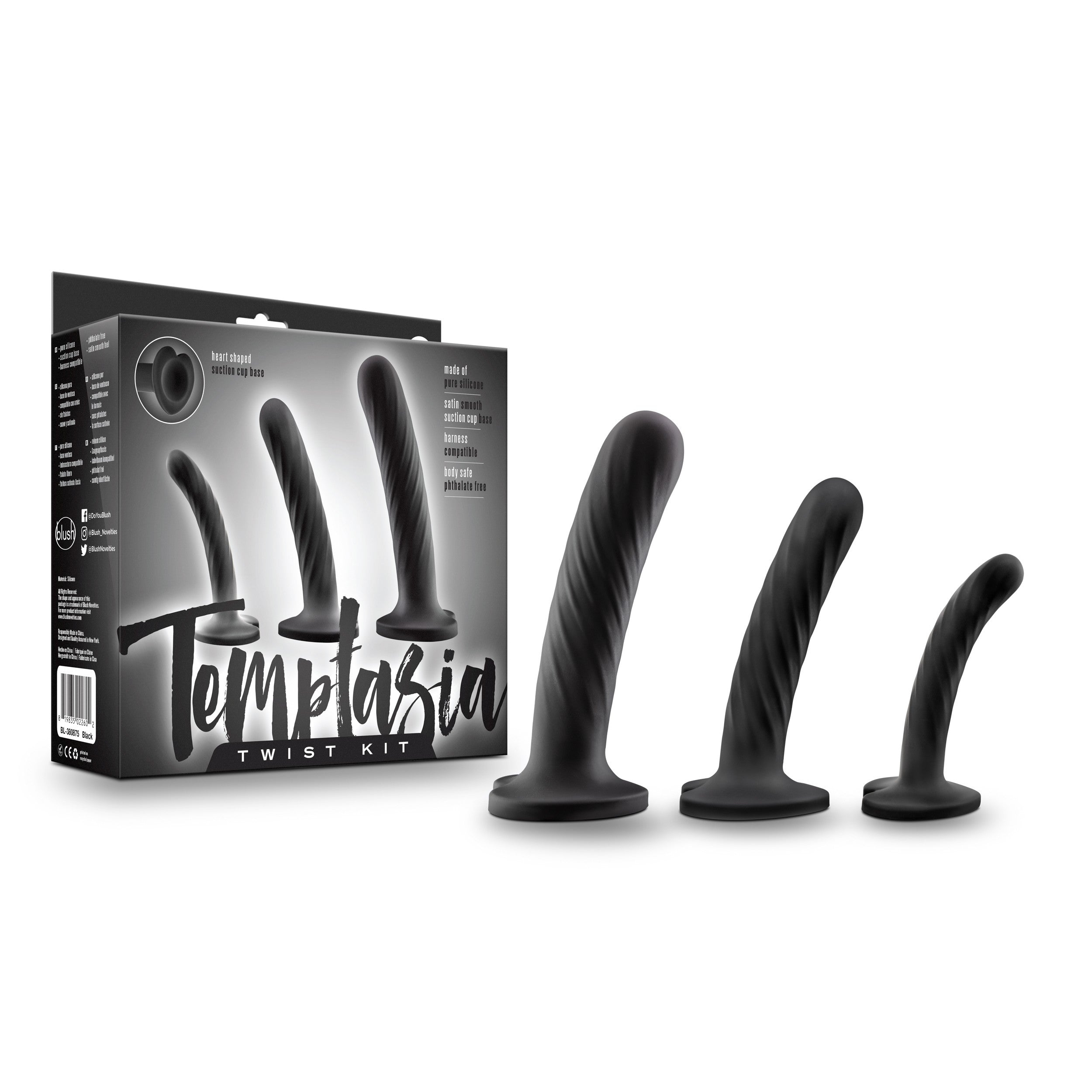 Set of 3 black silicone dildos with twisted texture and heart-shaped suction cup bases.