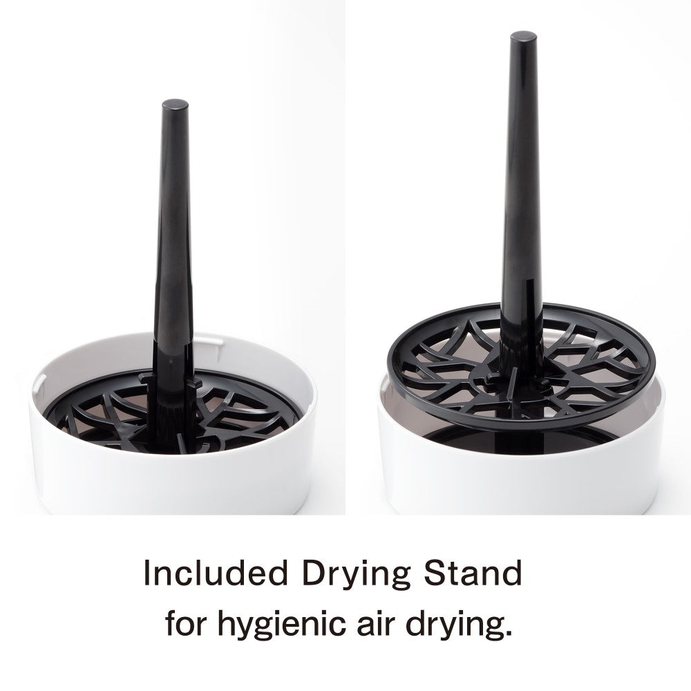 Two views of a white and black drying stand for a masturbator.