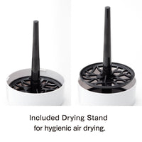 Two views of a white and black drying stand for a masturbator.