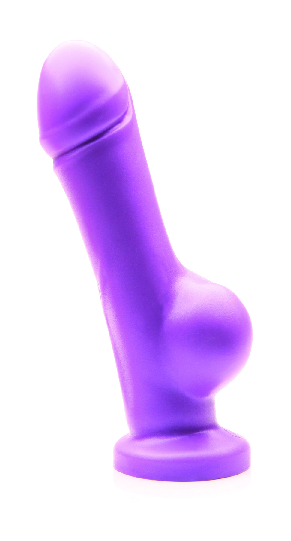 Purple silicone G-spot and prostate toy with contoured head and base.