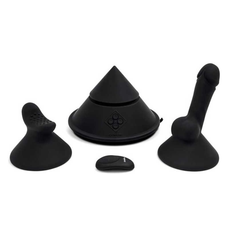 Black cone vibrator with attachments and remote control.