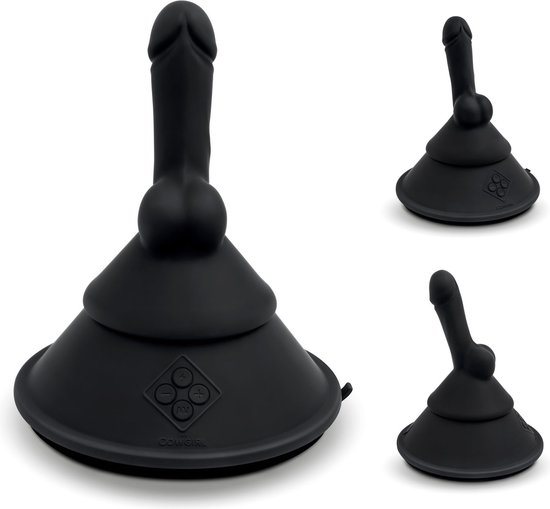 Black app-controlled cone vibrator with a phallic attachment.
