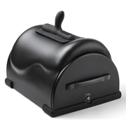 Black saddle vibrator with a handle and power port.