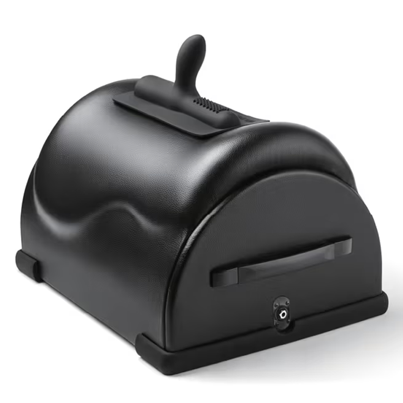 Black saddle vibrator with a handle and power port.