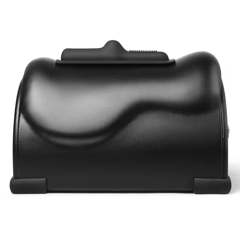 Black saddle-shaped vibrator with textured surface and ribbed top detail.