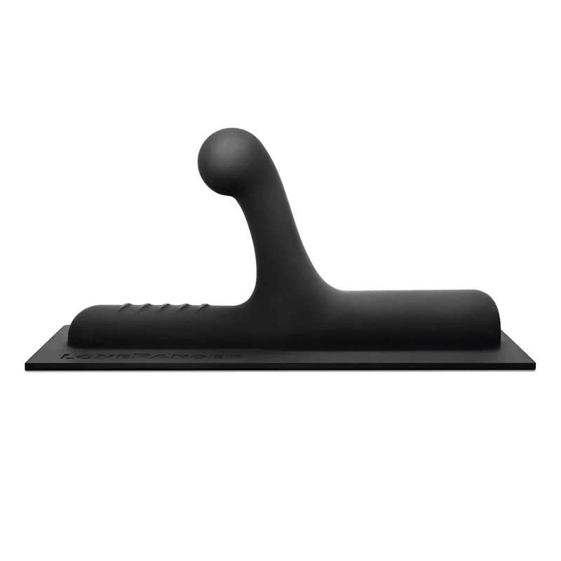 Black silicone G-spot and P-spot attachment with a curved tip and ribbed surface.