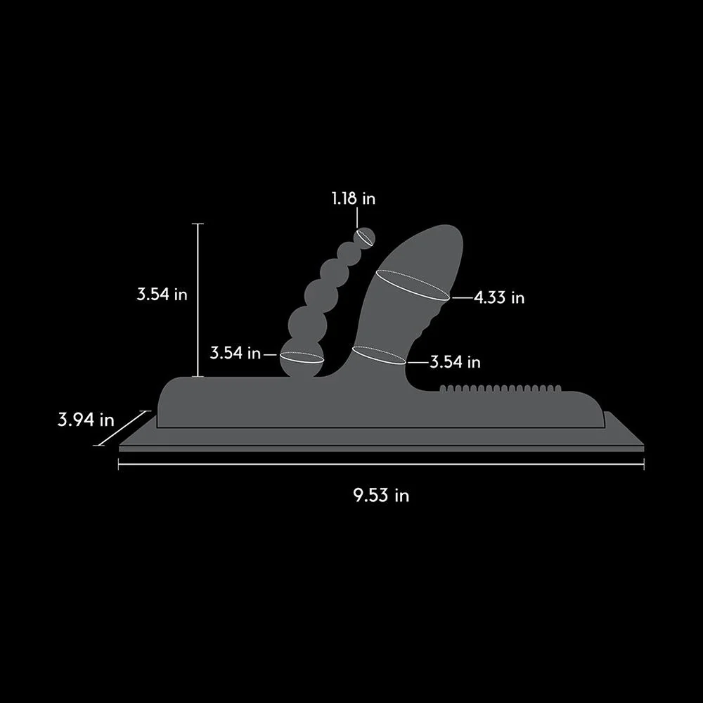 Silicone attachment with anal beads and studded surface, with dimensions labeled.