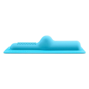 A blue silicone attachment with a studded texture and a curved shape.