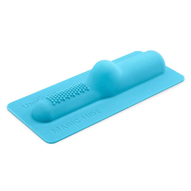 A blue silicone attachment with textured dots and raised bumps.