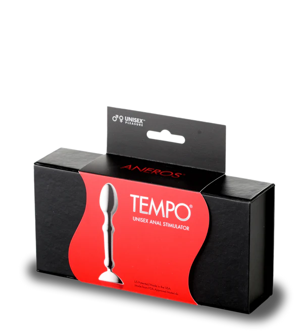Aneros Tempo stainless steel unisex anal stimulator in black packaging.