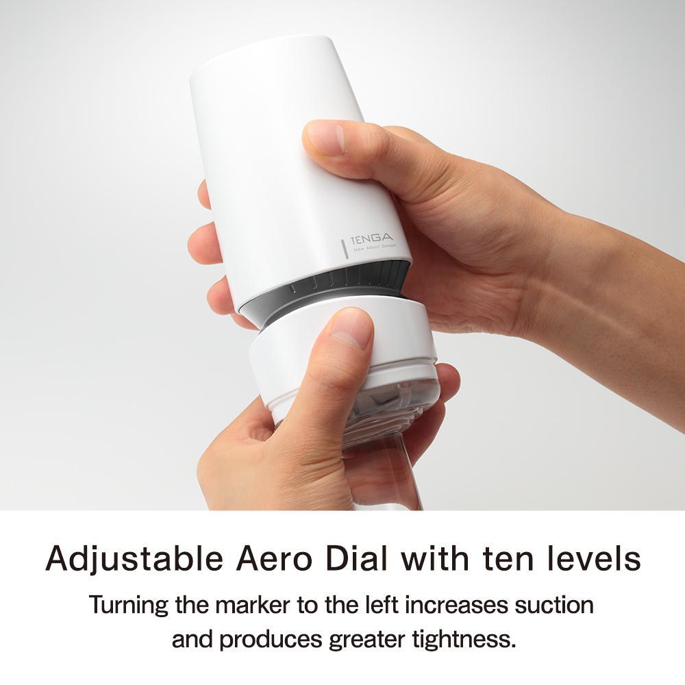 A white Tenga masturbator with an adjustable aero dial.