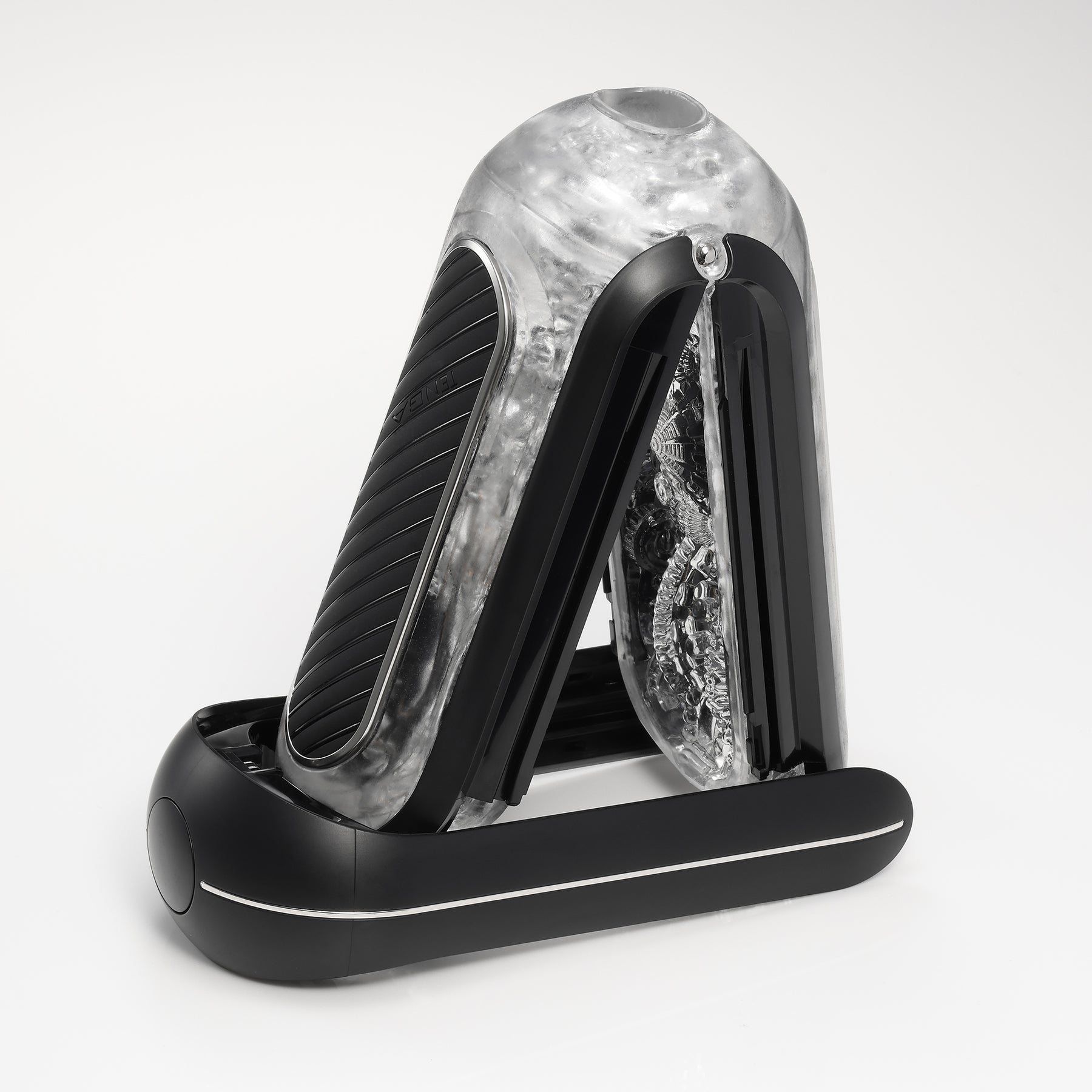 Tenga Flip Zero Gravity EV rechargeable vibrating stroker with a black base and clear textured insert.