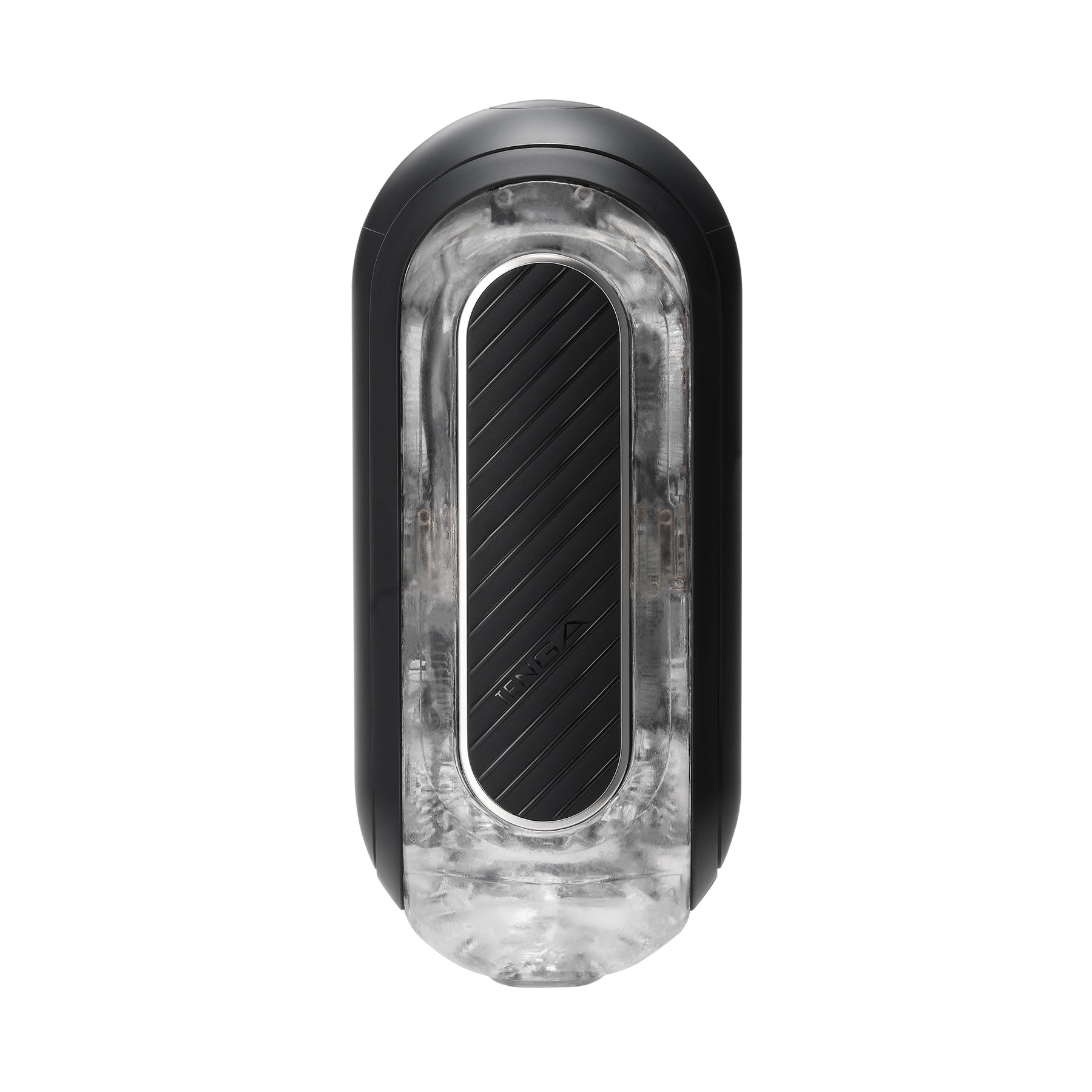 Tenga Flip Zero Gravity EV rechargeable vibrating stroker with black casing and clear textured interior.