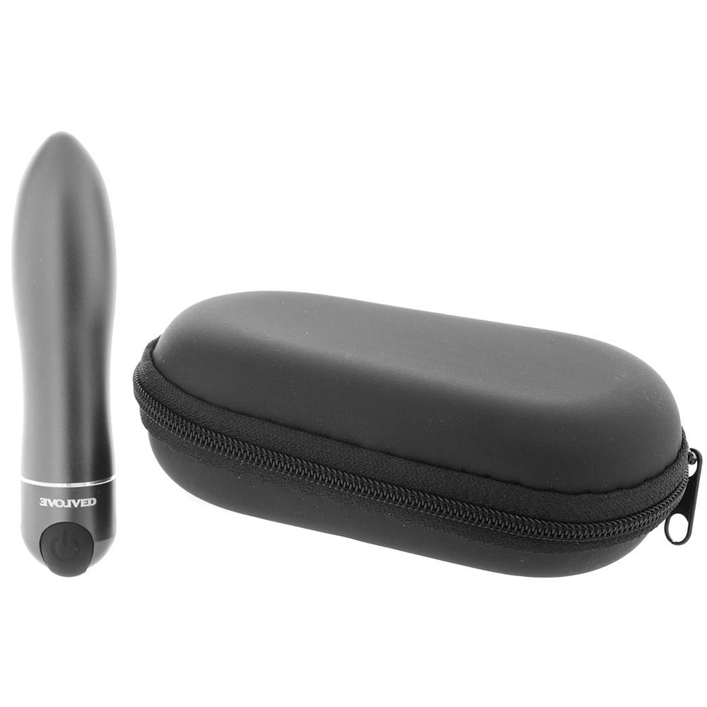 A gray bullet vibrator with a power button and a black zippered case.