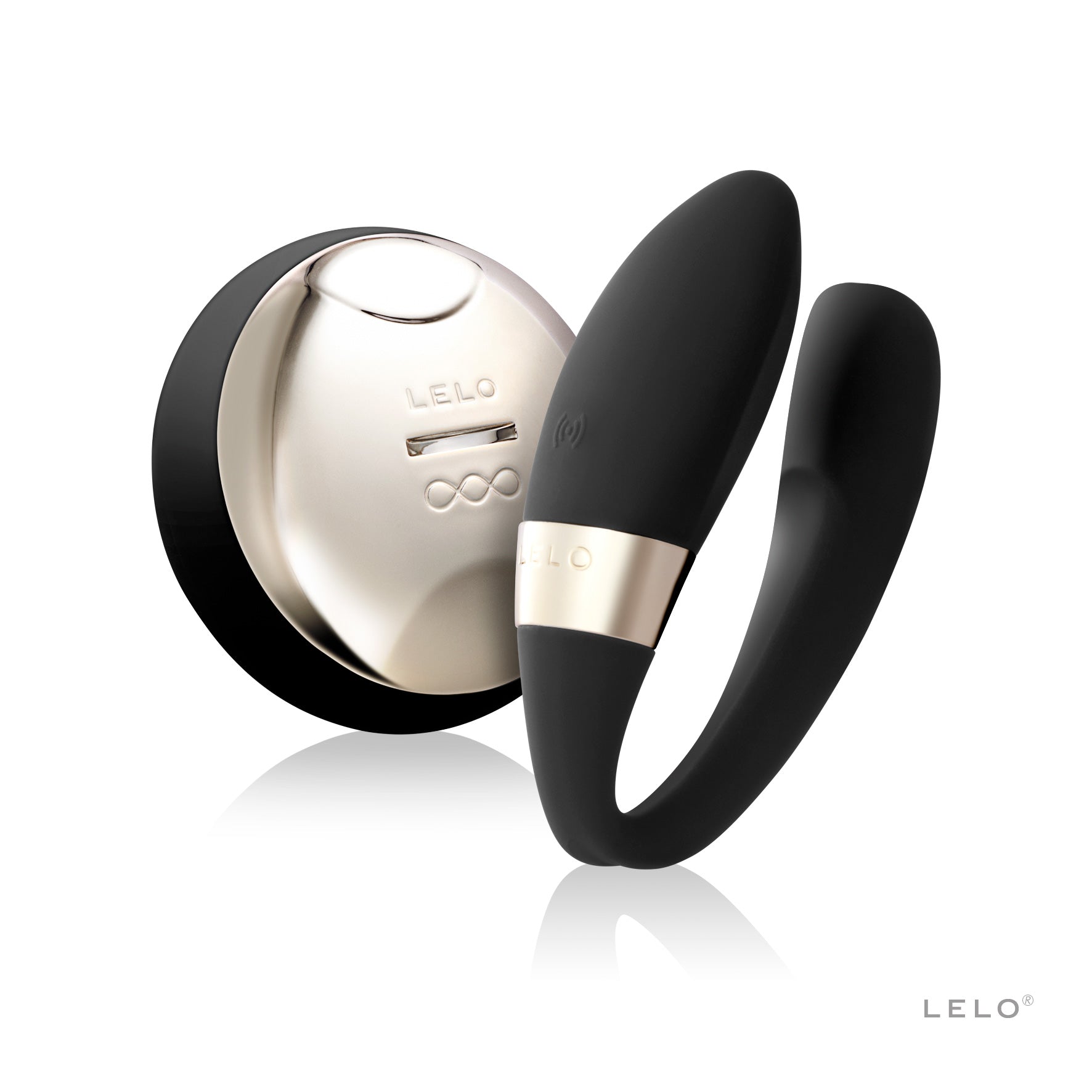 Black Lelo Tiani 2 couples massager with a silver remote.