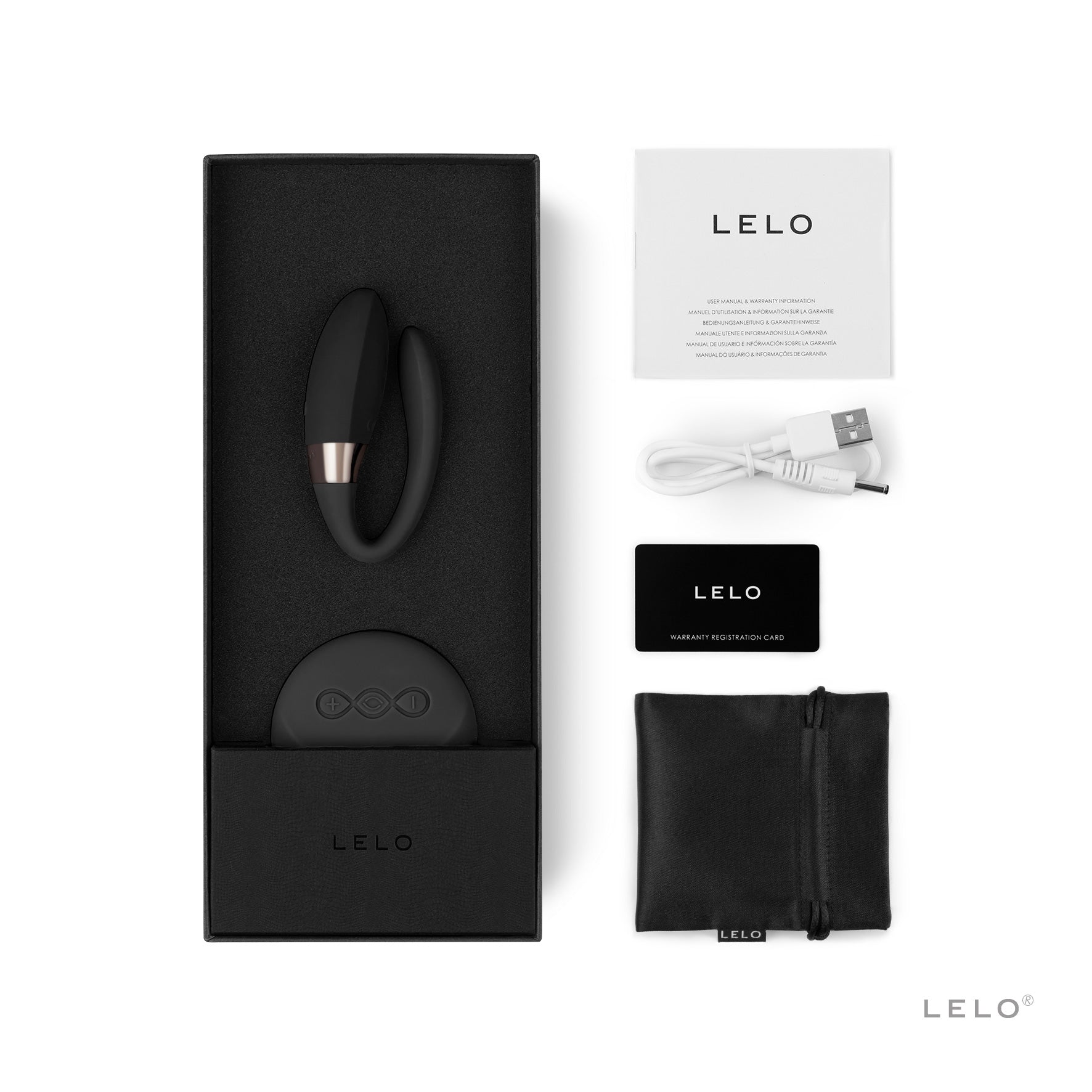 Black Lelo Tiani 2 Design Edition couples massager with remote, charging cable, and storage pouch.