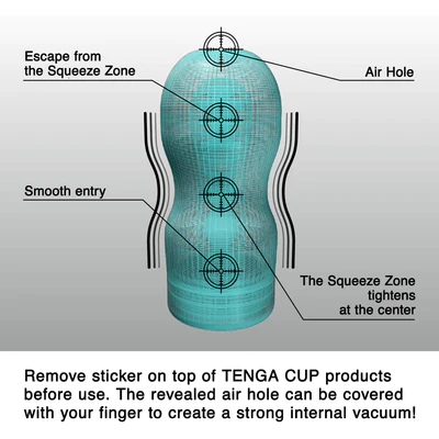 Tenga Original Vacuum Cup with labeled features and instructions.