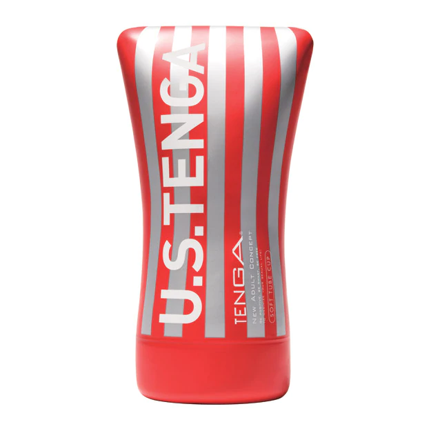 Tenga Ultra Size Soft Tube Male Masturbator in red with silver stripes.