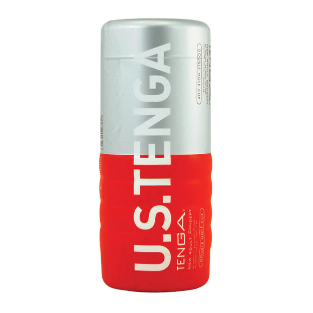 Tenga Double Hole Ultra Size Male Masturbator in red and silver.