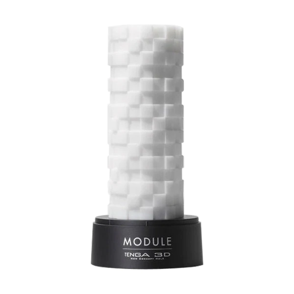 Tenga 3D Module textured male masturbator with a white block pattern on a black base.
