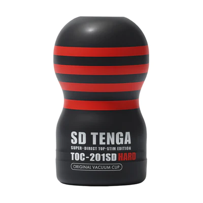 Tenga Original Vacuum Cup with red stripes and text.
