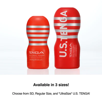 Two red Tenga Original Vacuum Cups with silver stripes are shown.