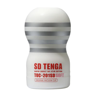 White Tenga Original Vacuum Cup with silver bands and red text.