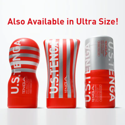 Three red and silver Tenga masturbator cups are displayed.