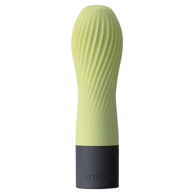 A light green vibrator with a ribbed texture and a dark gray base.