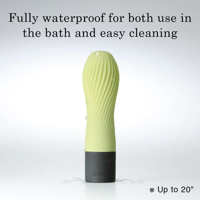 A light green, ribbed silicone vibrator with a dark gray base, labeled "iroha".