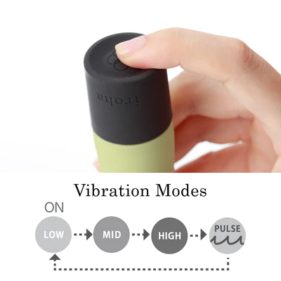 A hand presses the button on a green and black vibrator with "iroha" written on it, next to a diagram of vibration modes.