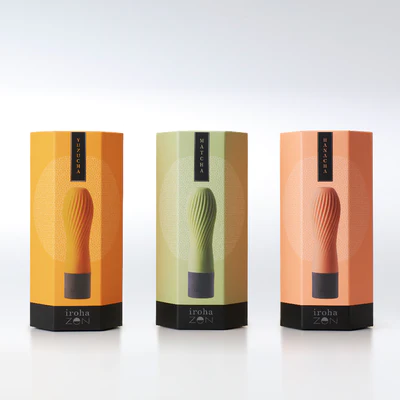 Three iroha zen vibrator boxes in orange, green, and peach, each with a textured vibrator illustration.