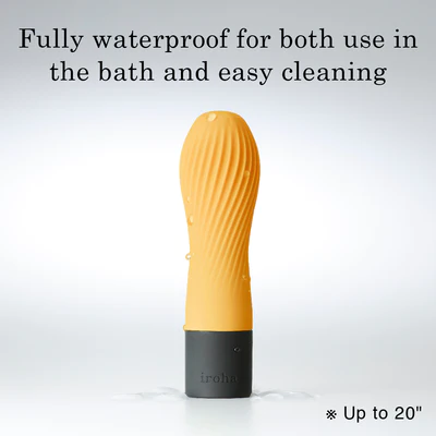 A yellow ribbed silicone vibrator with a dark gray base, showing water droplets.