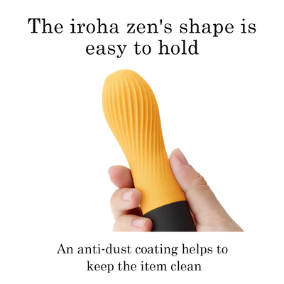 A hand holds a ribbed, orange silicone vibrator with a black base.
