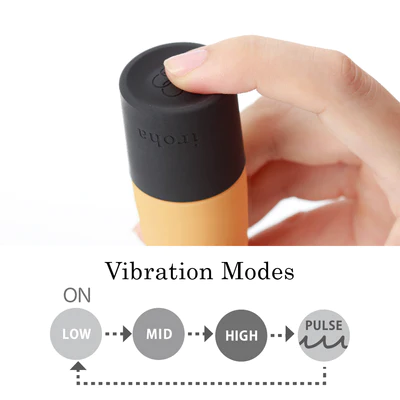 A hand presses the top of a peach-colored vibrator with a black cap labeled "iroha".