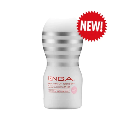 Tenga Gentle Vacuum Cup disposable male masturbator with "NEW!" sticker.