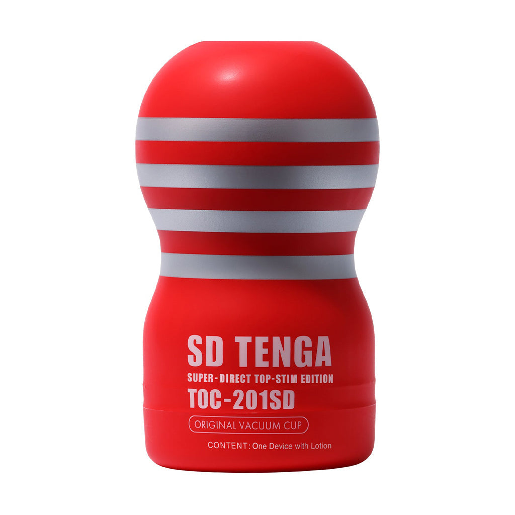 A red Tenga vacuum cup with silver stripes and product details printed on it.