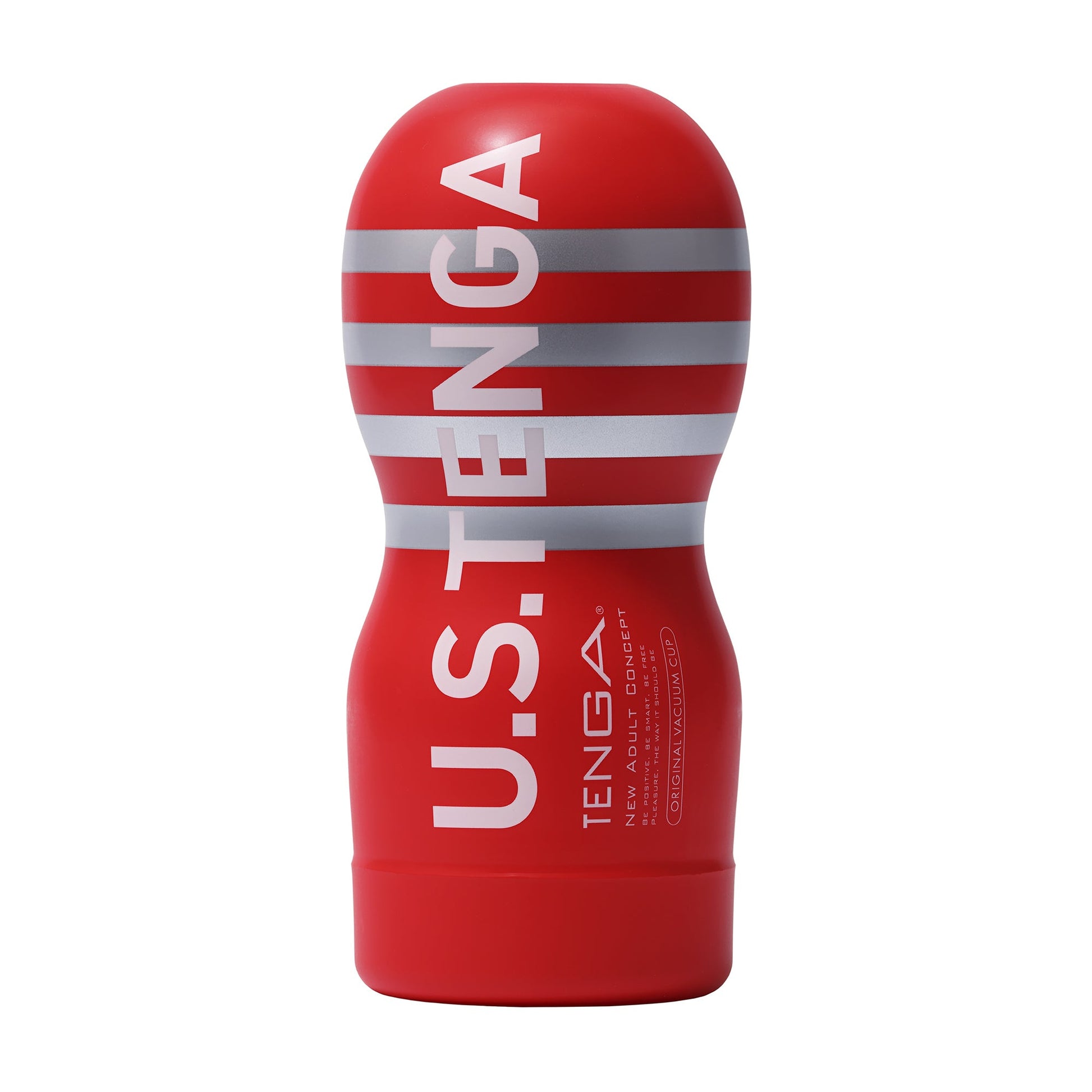 Red Tenga Ultra Size Original Vacuum Cup with silver stripes.