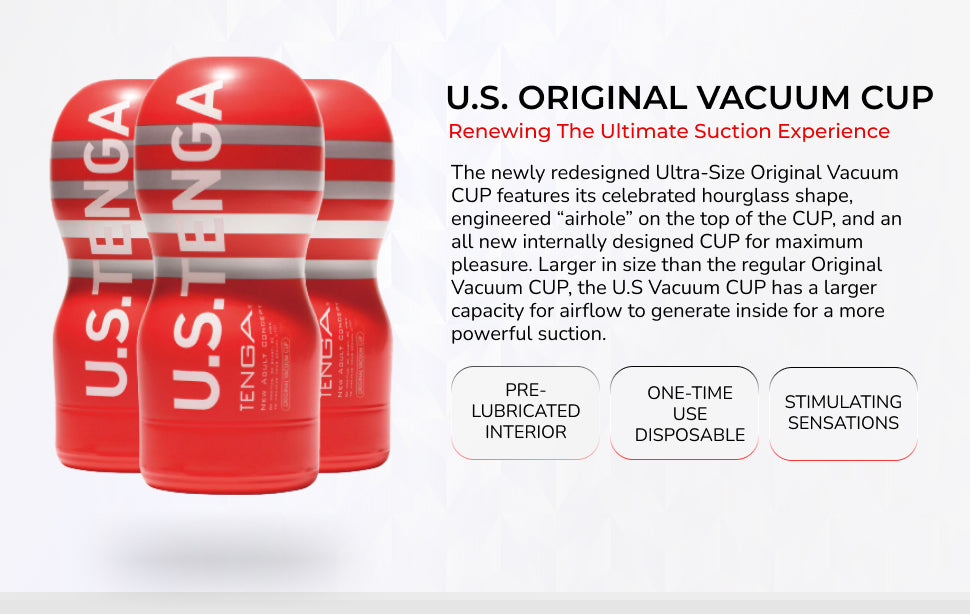 Three red Tenga Ultra Size Original Vacuum Cups with white text.