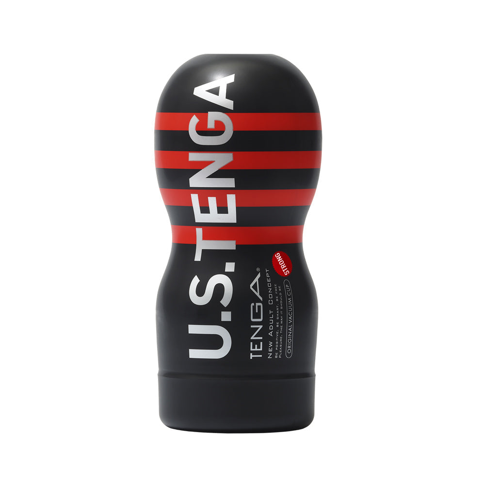 Tenga Original Vacuum Cup Strong Ultra Size Edition masturbator with red stripes.