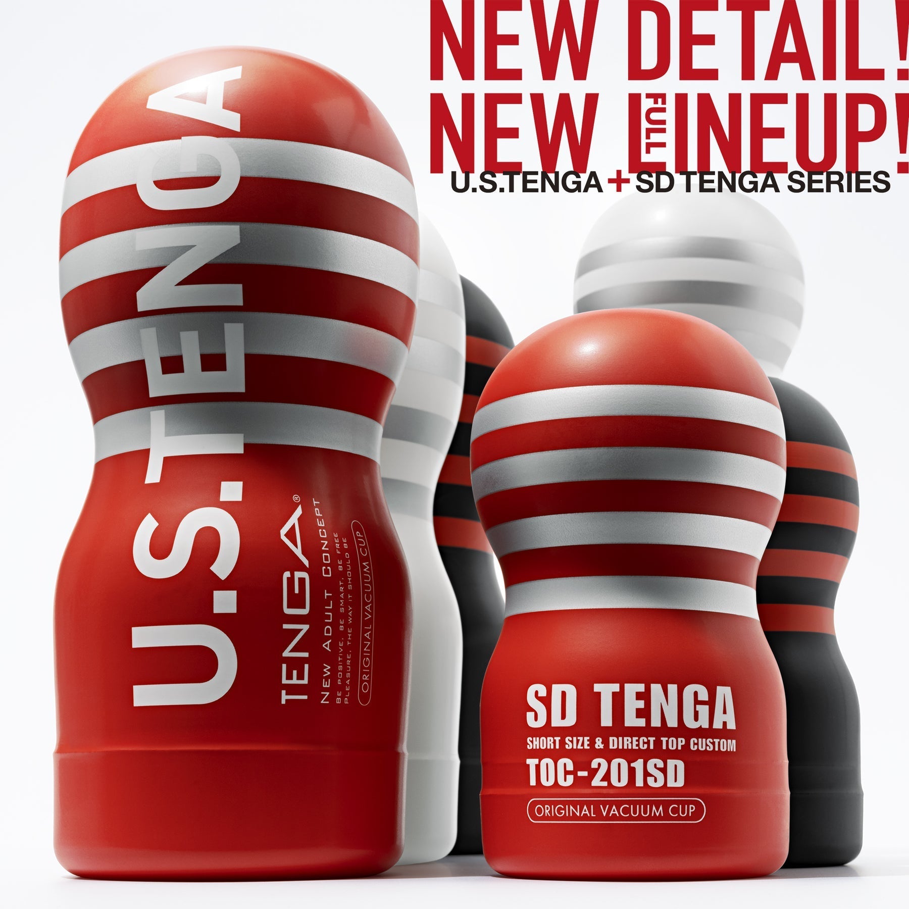 Tenga Original Vacuum Cup Strong Ultra Size Edition masturbator with red and white stripes.