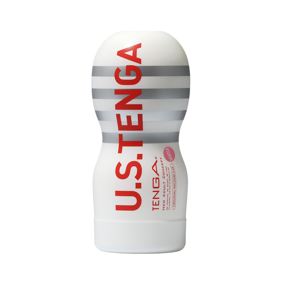 Tenga Original Vacuum Cup Gentle male masturbator in white with red and silver stripes.