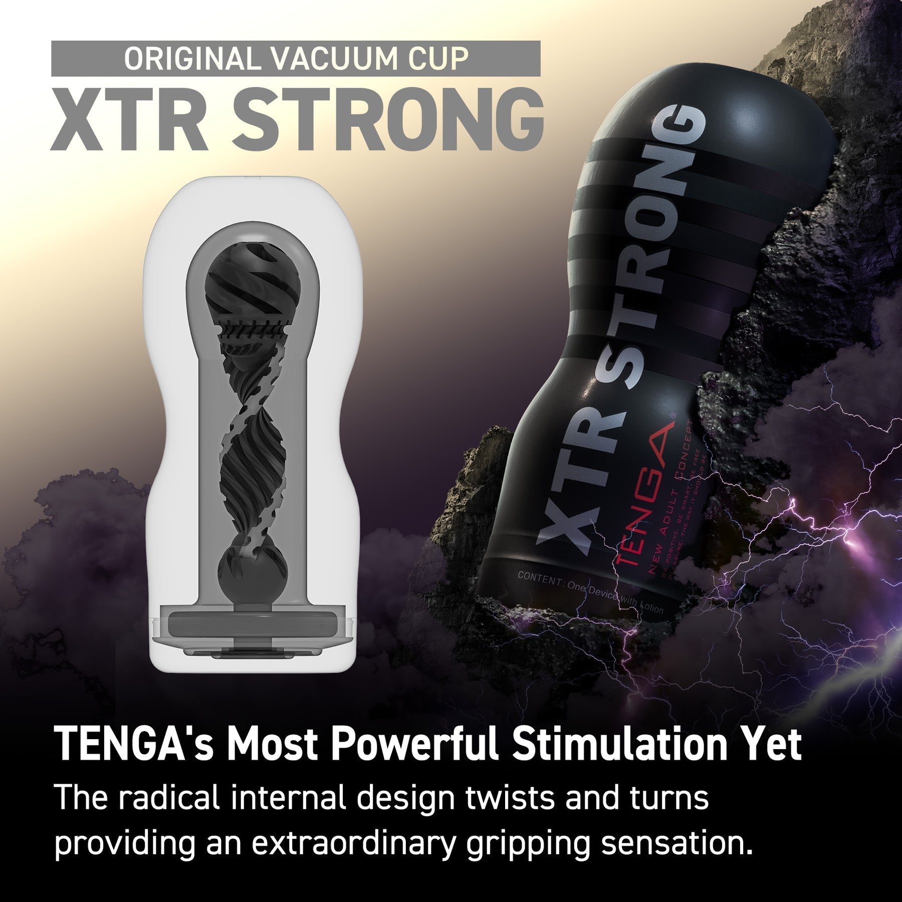 Tenga Extra Strong Vacuum Cup male masturbator with internal twisting texture.
