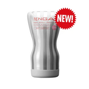 Tenga Soft Case Cup Gentle disposable male masturbator with striped design.