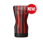 Tenga Soft Case Cup Strong disposable male masturbator with red and black stripes.