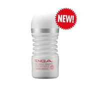 Tenga Rolling Head Cup Gentle Spiral male masturbator with "NEW!" sticker.