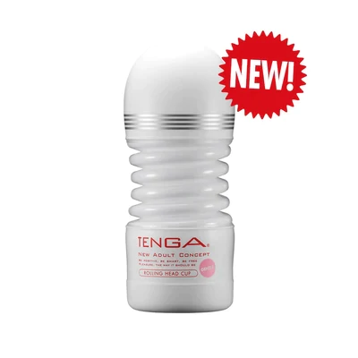 Tenga Rolling Head Cup Gentle Spiral male masturbator with "NEW!" sticker.