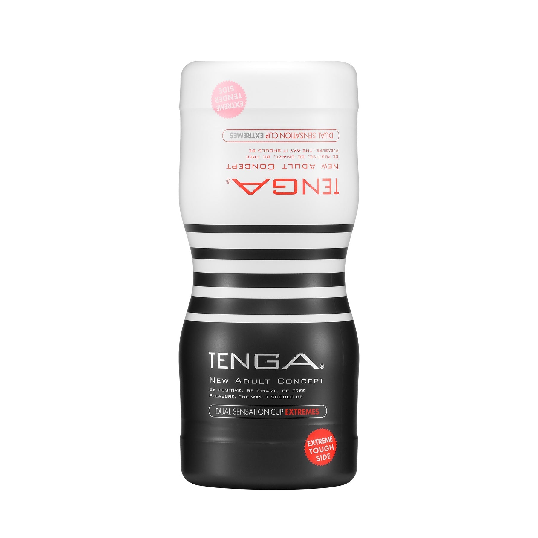 Tenga Dual Sensation Cup Extremes male masturbator with black and white stripes.
