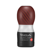 Tenga Air Flow Cup Strong disposable stroker with red and black spiral pattern.